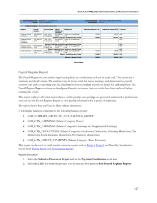 Oracle Fusion HRMS (UAE): Payroll Implementation and Functional Considerations
127
Payroll Register Report
The Payroll Register is post-archive report acting both as a verification tool and an audit trail. This report has a
summary and detail version. The summary report shows totals for hours, earnings, and deductions by payroll
statutory unit and tax reporting unit, the detail report shows complete payroll run details for each employee. The
Payroll Register Report retrieves archived payroll results, so ensure that run results have been archived before
running this report.
This report replicates the information shown on the payslip: once payslips are generated and stored, a professional
user can run the Payroll Register Report to view payslip information for a group of employees.
The report shows Run and Year-to-Date balance dimension.
It will display balances connected to the following balance groups:
 GLB_SUMMARY_GROSS_TO_NET_BALANCE_GROUP
 GLB_GTN_EARNINGS (Balance Category: Hours)
 GLB_GTN_EARNINGS (Balance Categories: Earnings and Supplemental Earnings)
 GLB_GTN_DEDUCTIONS (Balance Categories: Involuntary Deductions, Voluntary Deductions, Tax
Deductions, Social Insurance Deductions, Pre-Statutory Deductions)
 GLB_GTN_DIRECT_PAYMENTS (Balance Category: Direct Payments)
This report can be used to verify certain statutory reports such as Form 1, Form 2 and Monthly Contribution
report (both Private Sector and Government Sector).
Report Execution
1. Select the Submit a Process or Report task in the Payment Distribution work area
2. Select the LDG for which the process is to be run and flow pattern Run Payroll Register Report:
 