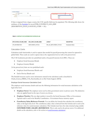 Oracle Fusion HRMS (UAE): Payroll Implementation and Functional Considerations
5
If data is migrated from a legacy system, this UAE-specific field must be populated. The following table shows the
attributes of this flexfields for record PER_CONTRACT_LEG_DDF
(DESCRIPTIVE_FLEX_CONTEXT_CODE = AE):
TABLE 2. CONTRACT DATA INFORMATION FLEXFIELDS UAE
APPLICATION_COLUMN_NAME END_USER_COLUMN_NAME LOOKUP DESCRIPTION
CTR_INFORMATION1 EMPLOYMENT_STATUS HRX_AE_EMPLOYMENT_STATUS Employment Status
Calculation Cards
Calculation cards functionality is used to capture data needed for payroll processing that cannot be captured in
global fields. These cards are used to capture data at the organization level as well as the person level.
The UAE localization provides two predefined cards at the payroll statutory level (PSU). These are:
 Employer Social Insurance Details
 Employer Gratuity Details
At the person level, there are two predefined cards:
 Employee Social Insurance Details card
 End of Service Details card
The flexfield structure used to store information entered in the calculation cards is described in
Oracle_Fusion_HRMS_UAE_Payroll_Data.xls on My Oracle Support (MOS).
Employer Social Insurance Calculation Card
The employer social insurance details card uses the following information for social insurance calculation at the
legal entity level:
 Employer Sector: The employer sector can be either government sector or private sector. The deduction
rules are applied based on the type of sector you choose.
 Employer Number: The two digit number is issued by the Social Insurance Office to Government
Agencies and is used in the Monthly Contribution – Government Sector statutory report.
 Contributory Salary Reference Formula: You can define the formula that calculates the contributory
salary at the legal entity level. The contributory salary value is derived from this formula and is used as the
reference value for social insurance calculation. This formula must have the value returned using variable
CONTRIBUTORY_SALARY_REFERENCE. This is only used in the private sector. For additional
details on the calculation, refer to the section on social insurance calculation.
 