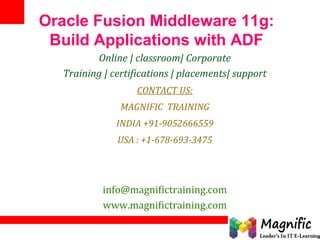 Oracle Fusion Middleware 11g:
Build Applications with ADF
Online | classroom| Corporate
Training | certifications | placements| support
CONTACT US:
MAGNIFIC TRAINING
INDIA +91-9052666559
USA : +1-678-693-3475
info@magnifictraining.com
www.magnifictraining.com
 
