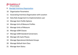 9 Manage Inventory Organization
10 Organization Parameters
11 Associating Inventory Organization with Location
12 Data Role Assignment to Implementation user
13 Manage Item Profile Options
14 Manage Unit of Measure Profiles
15 Manage Units of Measure
16 Manage UOM Classes
17 Manage UOM Standard Conversions
18 Manage Life Cycle Phases
19 Manage Operational Attribute Groups
20 Manage Default Item Class
21 Manage Item Status
 