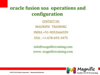 oracle fusion soa operations and
configuration
CONTACT US:

MAGNIFIC TRAINING
INDIA +91-9052666559

USA : +1-678-693-3475
info@magnifictraining.com
www. magnifictraining.com

© 2011/12/13 Oracle Corporation – Restricted Distribution

1

 