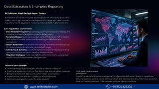 MODULE
5
Data Extraction & Enterprise Reporting
BI Publisher: Pixel-Perfect Report Design
BI Publisher is Oracle's enterprise reporting solution for creating production-
quality reports with precise formatting control. Whether you need invoices,
regulatory reports, payslips, or executive dashboards, BI Publisher delivers.
Core capabilities you'll master:
Data Model Development: Create SQL queries, leverage view objects, and
combine multiple data sets into cohesive data models
Template Design: Build report layouts using RTF, Excel, or PDF templates
with dynamic content, conditional formatting, and sophisticated
calculations
Report Parameters: Implement user-friendly parameters with LOVs (Lists
of Values), cascading parameters, and default values
Scheduling & Bursting: Automate report delivery on schedules and burst
reports to multiple recipients based on data attributes
Migration Strategies: Move reports between environments using proper
version control and deployment best practices
OTBI: Real-Time Business
Intelligence
Oracle Transactional Business Intelligence (OTBI) provides self-service analytics capabilities,
allowing business users to create ad-hoc analyses and dashboards without technical assistance.
Built on Oracle BI platform, OTBI accesses real-time transactional data.
Technical skills covered:
Understanding subject areas and the star schema architecture
Creating analyses with columns, filters, prompts, and calculated measures
Designing interactive dashboards with multiple visualizations
Implementing row-level security and data access policies
Optimizing query performance for large datasets
+91 8125323232
www.techleadsit.com
 