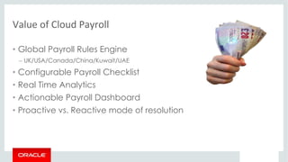 Value of Cloud Payroll
• Global Payroll Rules Engine
– UK/USA/Canada/China/Kuwait/UAE
• Configurable Payroll Checklist
• Real Time Analytics
• Actionable Payroll Dashboard
• Proactive vs. Reactive mode of resolution
 