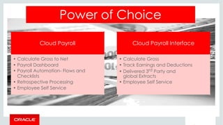 Power of Choice
Cloud Payroll
• Calculate Gross to Net
• Payroll Dashboard
• Payroll Automation- Flows and
Checklists
• Retrospective Processing
• Employee Self Service
Cloud Payroll Interface
• Calculate Gross
• Track Earnings and Deductions
• Delivered 3rd Party and
global Extracts
• Employee Self Service
 