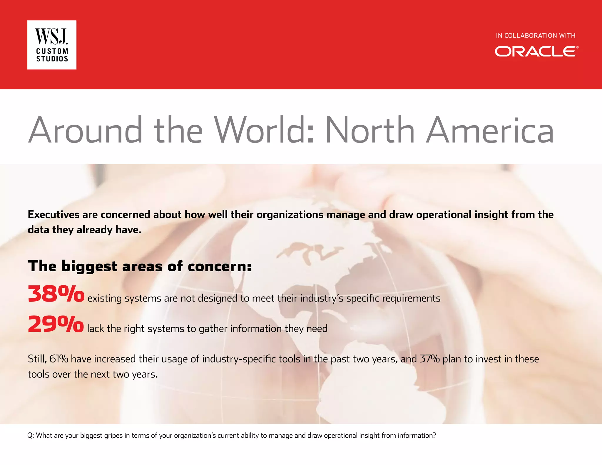 IN COLLABORATION WITH
Around the World: North America
Executives are concerned about how well their organizations manage and draw operational insight from the
data they already have.
The biggest areas of concern:
38%existing systems are not designed to meet their industry’s specific requirements
29%lack the right systems to gather information they need
Still, 61% have increased their usage of industry-specific tools in the past two years, and 37% plan to invest in these
tools over the next two years.
Q: What are your biggest gripes in terms of your organization’s current ability to manage and draw operational insight from information?
 
