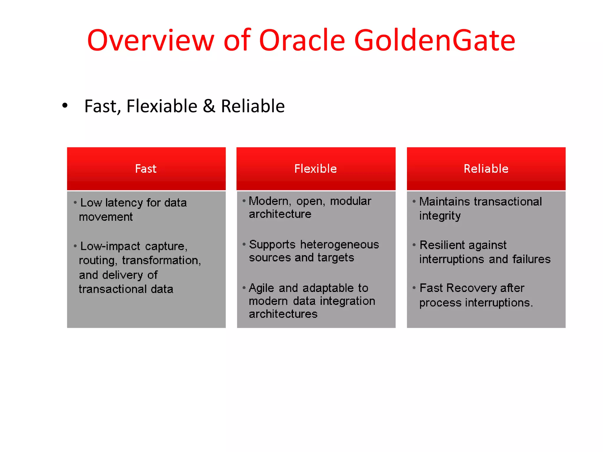 Overview of Oracle GoldenGate
• Fast, Flexiable & Reliable
 
