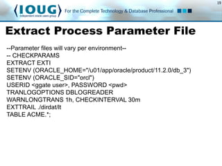 19
Extract Process Parameter File
--Parameter files will vary per environment--
-- CHECKPARAMS
EXTRACT EXTI
SETENV (ORACLE_HOME="/u01/app/oracle/product/11.2.0/db_3")
SETENV (ORACLE_SID="orcl")
USERID <ggate user>, PASSWORD <pwd>
TRANLOGOPTIONS DBLOGREADER
WARNLONGTRANS 1h, CHECKINTERVAL 30m
EXTTRAIL ./dirdat/lt
TABLE ACME.*;
 