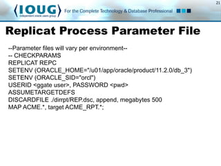 21
Replicat Process Parameter File
--Parameter files will vary per environment--
-- CHECKPARAMS
REPLICAT REPC
SETENV (ORACLE_HOME="/u01/app/oracle/product/11.2.0/db_3")
SETENV (ORACLE_SID="orcl")
USERID <ggate user>, PASSWORD <pwd>
ASSUMETARGETDEFS
DISCARDFILE ./dirrpt/REP.dsc, append, megabytes 500
MAP ACME.*, target ACME_RPT.*;
 