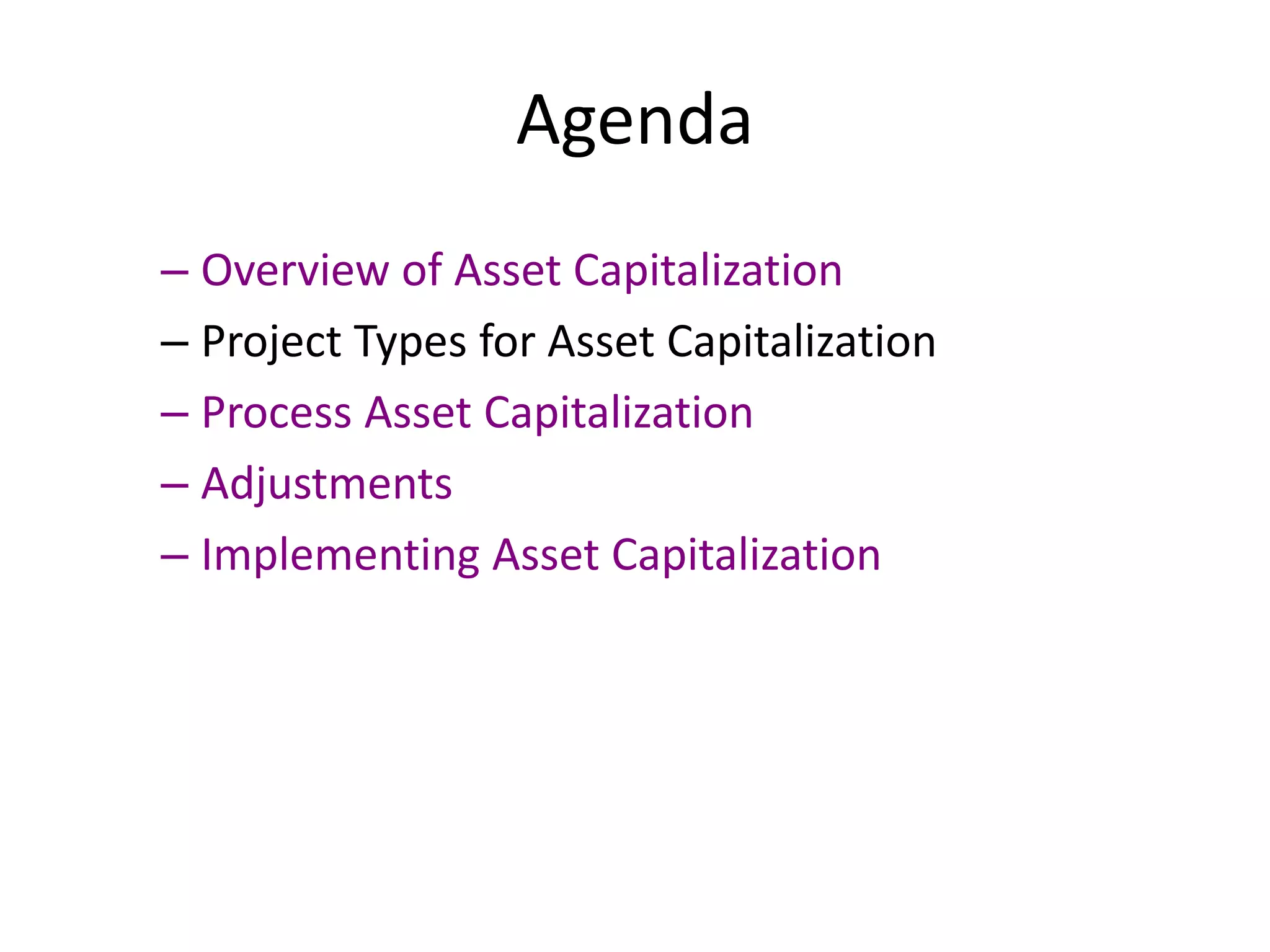 Agenda
– Overview of Asset Capitalization
– Project Types for Asset Capitalization
– Process Asset Capitalization
– Adjustments
– Implementing Asset Capitalization
 