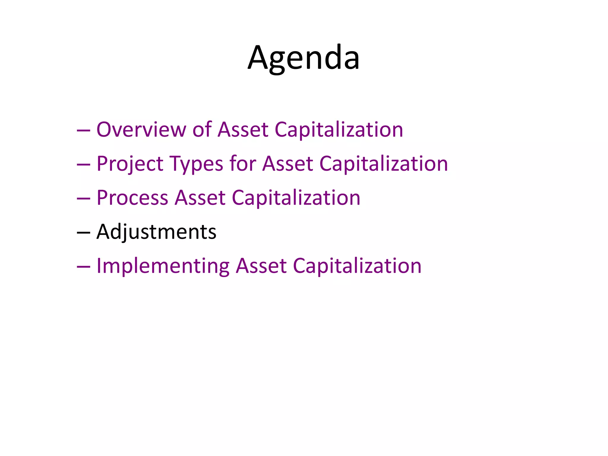 Agenda
– Overview of Asset Capitalization
– Project Types for Asset Capitalization
– Process Asset Capitalization
– Adjustments
– Implementing Asset Capitalization
 