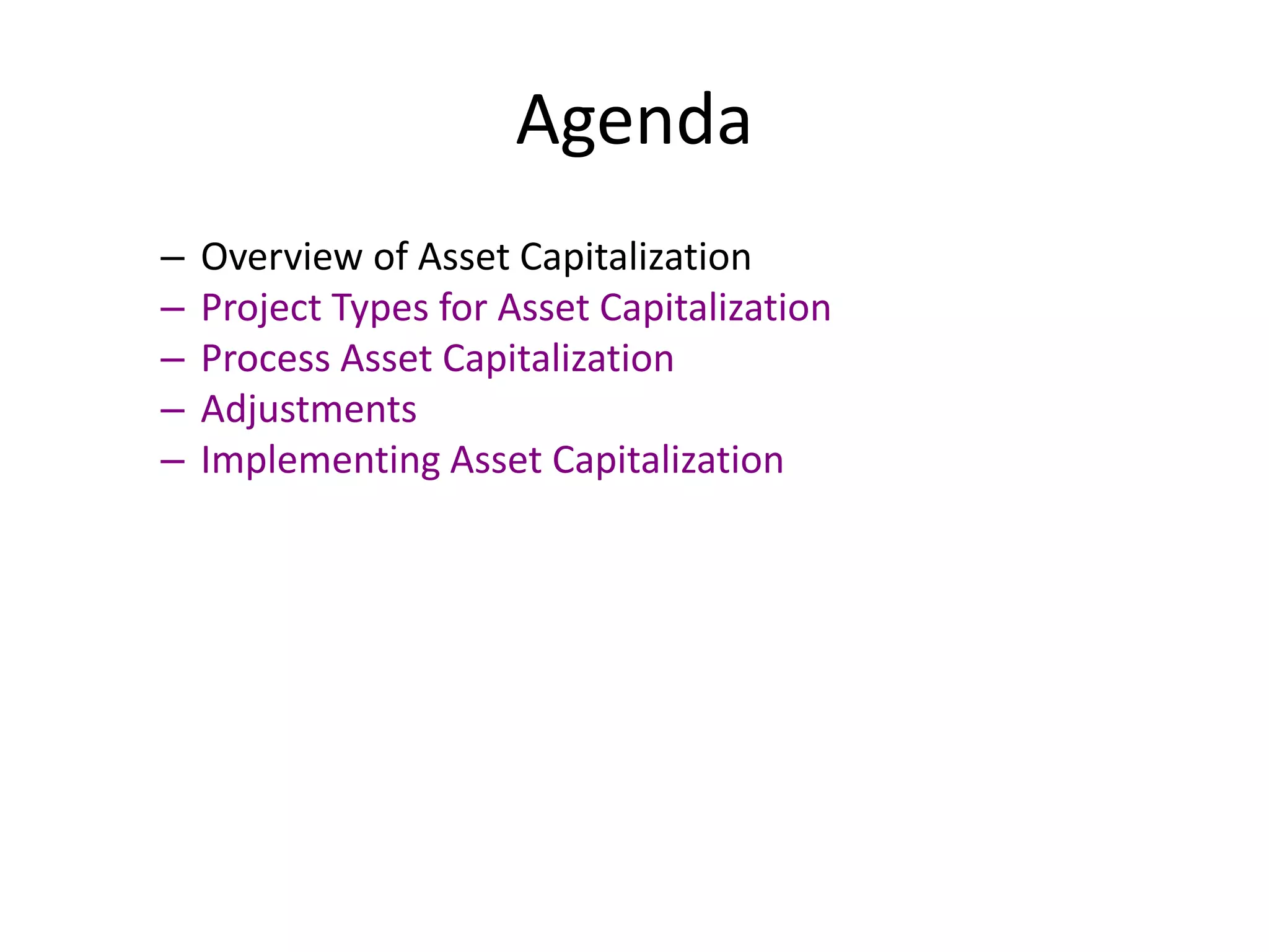 Agenda
– Overview of Asset Capitalization
– Project Types for Asset Capitalization
– Process Asset Capitalization
– Adjustments
– Implementing Asset Capitalization
 