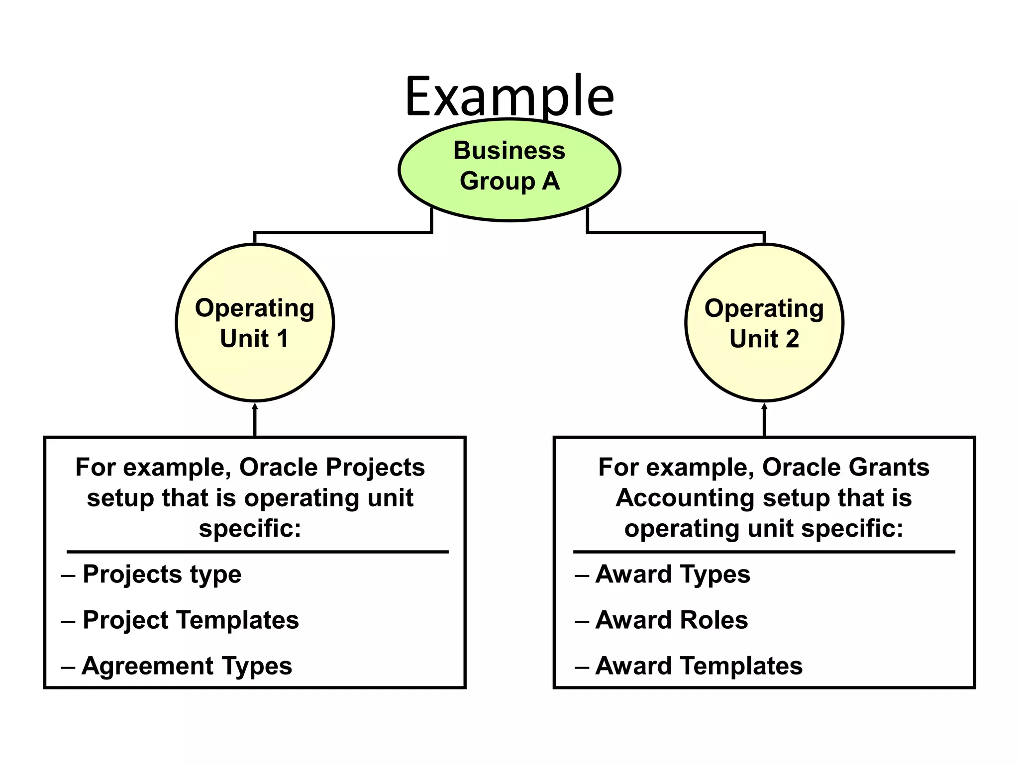 Example
Operating
Unit 1
Operating
Unit 2
For example, Oracle Projects
setup that is operating unit
specific:
– Projects type
– Project Templates
– Agreement Types
For example, Oracle Grants
Accounting setup that is
operating unit specific:
– Award Types
– Award Roles
– Award Templates
Business
Group A
 