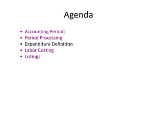 Agenda
• Accounting Periods
• Period Processing
• Expenditure Definition
• Labor Costing
• Listings
 