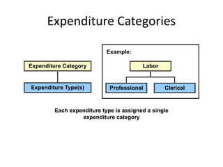 Expenditure Categories
Each expenditure type is assigned a single
expenditure category
Expenditure Category
Expenditure Type(s) Professional Clerical
Labor
Example:
 