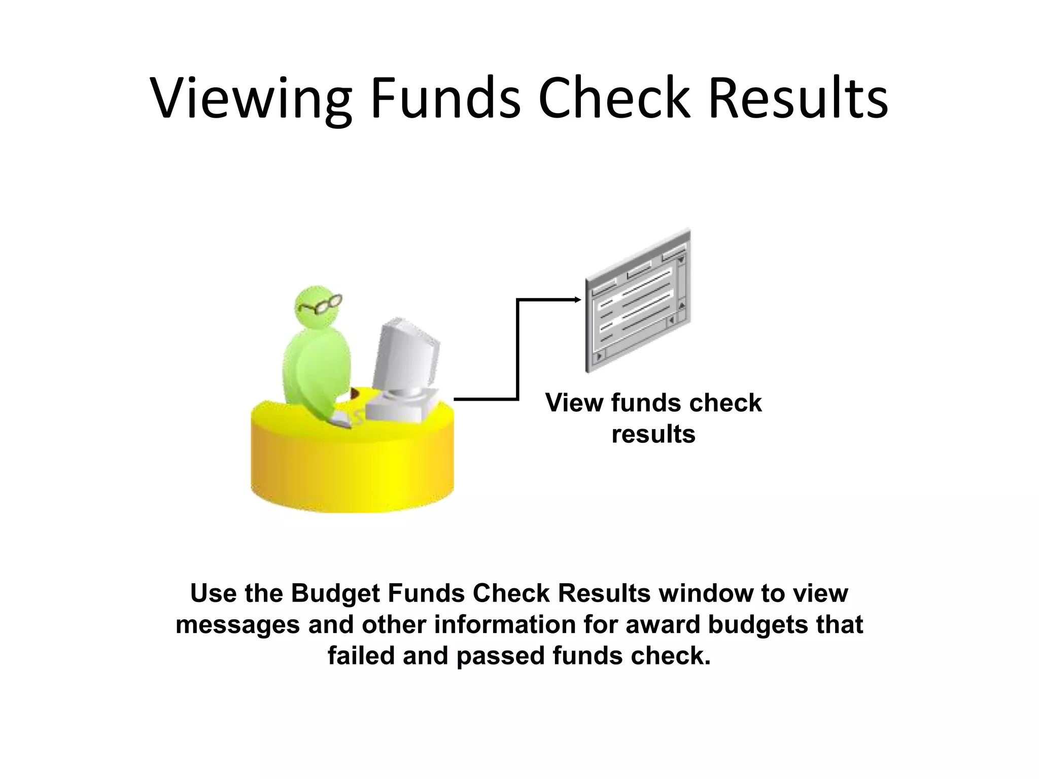 Viewing Funds Check Results
View funds check
results
Use the Budget Funds Check Results window to view
messages and other information for award budgets that
failed and passed funds check.
 