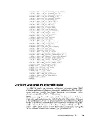 TRUNCATE TABLE SUM_ENTITLEMENT_ENTITLEMENT;
TRUNCATE TABLE SUM_ENTITLEMENT_POLICY;
TRUNCATE TABLE SUM_ENTITLEMENT_PRIORITY;
TRUNCATE TABLE SUM_ENTITLEMENT_RISK;
TRUNCATE TABLE SUM_ENTITLEMENT_STATUS;
TRUNCATE TABLE SUM_ENTITLEMENT_TAG;
TRUNCATE TABLE SUM_POLICY_PRIORITY;
TRUNCATE TABLE SUM_POLICY_STATUS;
TRUNCATE TABLE SUM_POLICY_TAG;
TRUNCATE TABLE SUM_POLICY_USER;
TRUNCATE TABLE SUM_PRIORITY_TAG;
TRUNCATE TABLE SUM_ROLE_DIMENSION;
TRUNCATE TABLE SUM_ROLE_ENTITLEMENT;
TRUNCATE TABLE SUM_ROLE_POLICY;
TRUNCATE TABLE SUM_ROLE_PRIORITY;
TRUNCATE TABLE SUM_ROLE_ROLE;
TRUNCATE TABLE SUM_ROLE_STATUS;
TRUNCATE TABLE SUM_ROLE_USER;
TRUNCATE TABLE SUM_STATUS;
TRUNCATE TABLE SUM_STATUS_PRIORITY;
TRUNCATE TABLE SUM_STATUS_TAG;
TRUNCATE TABLE SUM_TAG_TAG;
TRUNCATE TABLE SUM_USER_ENTITLEMENT;
TRUNCATE TABLE SUM_USER_TAG;
TRUNCATE TABLE SUM_USER_STATUS;
TRUNCATE TABLE SUM_USER_PRIORITY;
TRUNCATE TABLE LAA_CONFLICT_PATH_JOIN_ACTN_H;
TRUNCATE TABLE LAA_CONFLICT_PATH_ENTITL_H;
TRUNCATE TABLE LAA_CONFLICT_PATH_ENTITLEMENT;
TRUNCATE TABLE LAA_CONFLICT_PATH_ACCESS_H;
TRUNCATE TABLE LAA_CONFLICT_PATH_ACCESS;
TRUNCATE TABLE LAA_CONFLICT_PATH_JOIN_H;
TRUNCATE TABLE LAA_CONFLICT_PATH_JOIN;
TRUNCATE TABLE LAA_CONFLICT_FLAT;
DELETE FROM LAA_CONFLICT_PATH_H;
DELETE FROM LAA_CONFLICT_PATH;
DELETE FROM LAA_CONFLICT_H;
DELETE FROM LAA_CONFLICT;
TRUNCATE TABLE LAA_RUN_RULE;
TRUNCATE TABLE LAA_RUN_EXCLUSION;
TRUNCATE TABLE LAA_RUN_SIMULATION;
DELETE FROM LAA_RUN;
COMMIT;

Configuring Datasources and Synchronizing Data
Once GRCC is installed and global-user configuration is complete, connect GRCC
to datasources (instances of business-management applications in which it will implement models and controls). Then, for each datasource, synchronize data — collect
information required for AACG or ETCG analysis.
GRCC creates one global user for each user in the first datasource for which you
synchronize access data, assigning to each global user the ID configured for its user
in that first datasource. When you synchronize data for a second datasource, GRCC
matches users who also exist in the first datasource to their already-existing global
user IDs. For each ―new‖ user — each of those who do not exist in the first datasource — GRCC adopts the user ID from the second datasource as the user’s global
ID. And so on for each datasource for which you synchronize data.

Installing or Upgrading GRCC

2-9

 