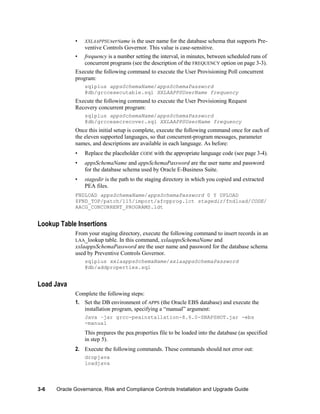 •

XXLAAPPSUserName is

•

frequency is a number setting the interval, in minutes, between scheduled runs of
concurrent programs (see the description of the FREQUENCY option on page 3-3).

the user name for the database schema that supports Preventive Controls Governor. This value is case-sensitive.

Execute the following command to execute the User Provisioning Poll concurrent
program:
sqlplus appsSchemaName/appsSchemaPassword
@db/grccexecutable.sql XXLAAPPSUserName frequency

Execute the following command to execute the User Provisioning Request
Recovery concurrent program:
sqlplus appsSchemaName/appsSchemaPassword
@db/grccexecrecover.sql XXLAAPPSUserName frequency

Once this initial setup is complete, execute the following command once for each of
the eleven supported languages, so that concurrent-program messages, parameter
names, and descriptions are available in each language. As before:
•

Replace the placeholder CODE with the appropriate language code (see page 3-4).

•

appsSchemaName and appsSchemaPassword are the user name and password
for the database schema used by Oracle E-Business Suite.

•

stagedir is the path to the staging directory in which you copied and extracted
PEA files.

FNDLOAD appsSchemaName/appsSchemaPassword 0 Y UPLOAD
$FND_TOP/patch/115/import/afcpprog.lct stagedir/fndload/CODE/
AACG_CONCURRENT_PROGRAMS.ldt

Lookup Table Insertions
From your staging directory, execute the following command to insert records in an
LAA_lookup table. In this command, xxlaappsSchemaName and
xxlaappsSchemaPassword are the user name and password for the database schema
used by Preventive Controls Governor.
sqlplus xxlaappsSchemaName/xxlaappsSchemaPassword
@db/addproperties.sql

Load Java
Complete the following steps:
1. Set the DB environment of APPS (the Oracle EBS database) and execute the
installation program, specifying a ―manual‖ argument:
Java –jar grcc-peainstallation-8.6.0-SNAPSHOT.jar -ebs
-manual

This prepares the pea.properties file to be loaded into the database (as specified
in step 5).
2. Execute the following commands. These commands should not error out:
dropjava
loadjava

3-6

Oracle Governance, Risk and Compliance Controls Installation and Upgrade Guide

 