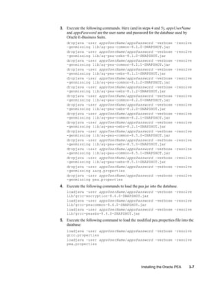 3. Execute the following commands. Here (and in steps 4 and 5), appsUserName
and appsPassword are the user name and password for the database used by
Oracle E-Business Suite.
dropjava –user appsUserName/appsPassword –verbose
-genmissing lib/ag-pea-common-8.1.0-SNAPSHOT.jar
dropjava –user appsUserName/appsPassword –verbose
-genmissing lib/ag-pea-oebs-8.1.0-SNAPSHOT.jar
dropjava –user appsUserName/appsPassword –verbose
-genmissing lib/ag-pea-common-8.1.1-SNAPSHOT.jar
dropjava –user appsUserName/appsPassword –verbose
-genmissing lib/ag-pea-oebs-8.1.1-SNAPSHOT.jar
dropjava –user appsUserName/appsPassword –verbose
-genmissing lib/ag-pea-common-8.1.2-SNAPSHOT.jar
dropjava –user appsUserName/appsPassword –verbose
-genmissing lib/ag-pea-oebs-8.1.2-SNAPSHOT.jar
dropjava –user appsUserName/appsPassword –verbose
-genmissing lib/ag-pea-common-8.2.0-SNAPSHOT.jar
dropjava –user appsUserName/appsPassword –verbose
-genmissing lib/ag-pea-oebs-8.2.0-SNAPSHOT.jar
dropjava –user appsUserName/appsPassword –verbose
-genmissing lib/ag-pea-common-8.2.1-SNAPSHOT.jar
dropjava –user appsUserName/appsPassword –verbose
-genmissing lib/ag-pea-oebs-8.2.1-SNAPSHOT.jar
dropjava –user appsUserName/appsPassword –verbose
-genmissing lib/ag-pea-common-8.5.0-SNAPSHOT.jar
dropjava –user appsUserName/appsPassword –verbose
-genmissing lib/ag-pea-oebs-8.5.0-SNAPSHOT.jar
dropjava –user appsUserName/appsPassword –verbose
-genmissing lib/ag-pea-common-8.5.1-SNAPSHOT.jar
dropjava –user appsUserName/appsPassword –verbose
-genmissing lib/ag-pea-oebs-8.5.1-SNAPSHOT.jar
dropjava –user appsUserName/appsPassword –verbose
-genmissing aacg.properties
dropjava –user appsUserName/appsPassword –verbose
-genmissing pea.properties

–resolve
–resolve
–resolve
–resolve
–resolve
–resolve
–resolve
–resolve
–resolve
–resolve
–resolve
–resolve
–resolve
–resolve
–resolve
–resolve

4. Execute the following commands to load the pea jar into the database.
loadjava –user appsUserName/appsPassword –verbose –resolve
lib/grcc-encryption-8.6.0-SNAPSHOT.jar
loadjava –user appsUserName/appsPassword –verbose –resolve
lib/grcc-peacommon-8.6.0-SNAPSHOT.jar
loadjava –user appsUserName/appsPassword –verbose –resolve
lib/grcc-peaebs-8.6.0-SNAPSHOT.jar

5. Execute the following command to load the modified pea.properties file into the
database:
loadjava –user appsUserName/appsPassword –verbose –resolve
grcc.properties
loadjava –user appsUserName/appsPassword –verbose –resolve
pea.properties

Installing the Oracle PEA

3-7

 