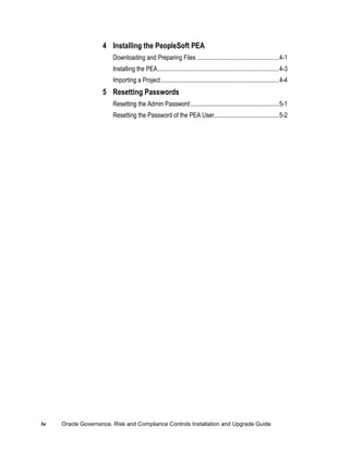 4 Installing the PeopleSoft PEA
Downloading and Preparing Files .................................................... 4-1
Installing the PEA............................................................................. 4-3
Importing a Project ........................................................................... 4-4

5 Resetting Passwords
Resetting the Admin Password ........................................................ 5-1
Resetting the Password of the PEA User......................................... 5-2

iv

Oracle Governance, Risk and Compliance Controls Installation and Upgrade Guide

 