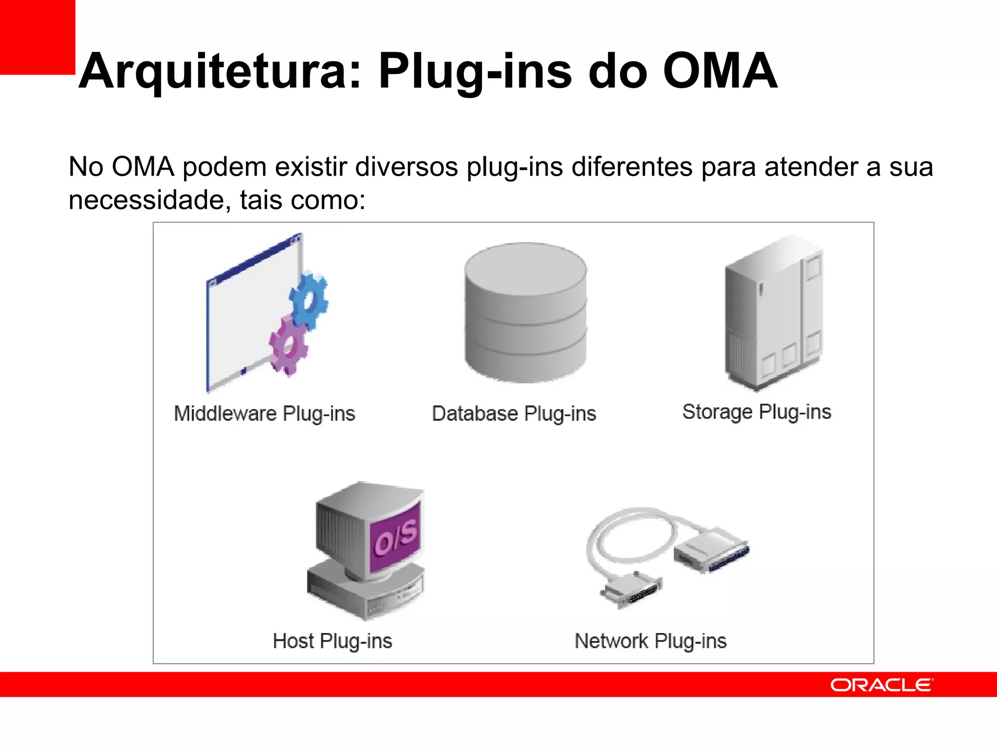 Arquitetura: Plug-ins do OMA No OMA podem existir diversos plug-ins diferentes para atender a sua necessidade, tais como: 