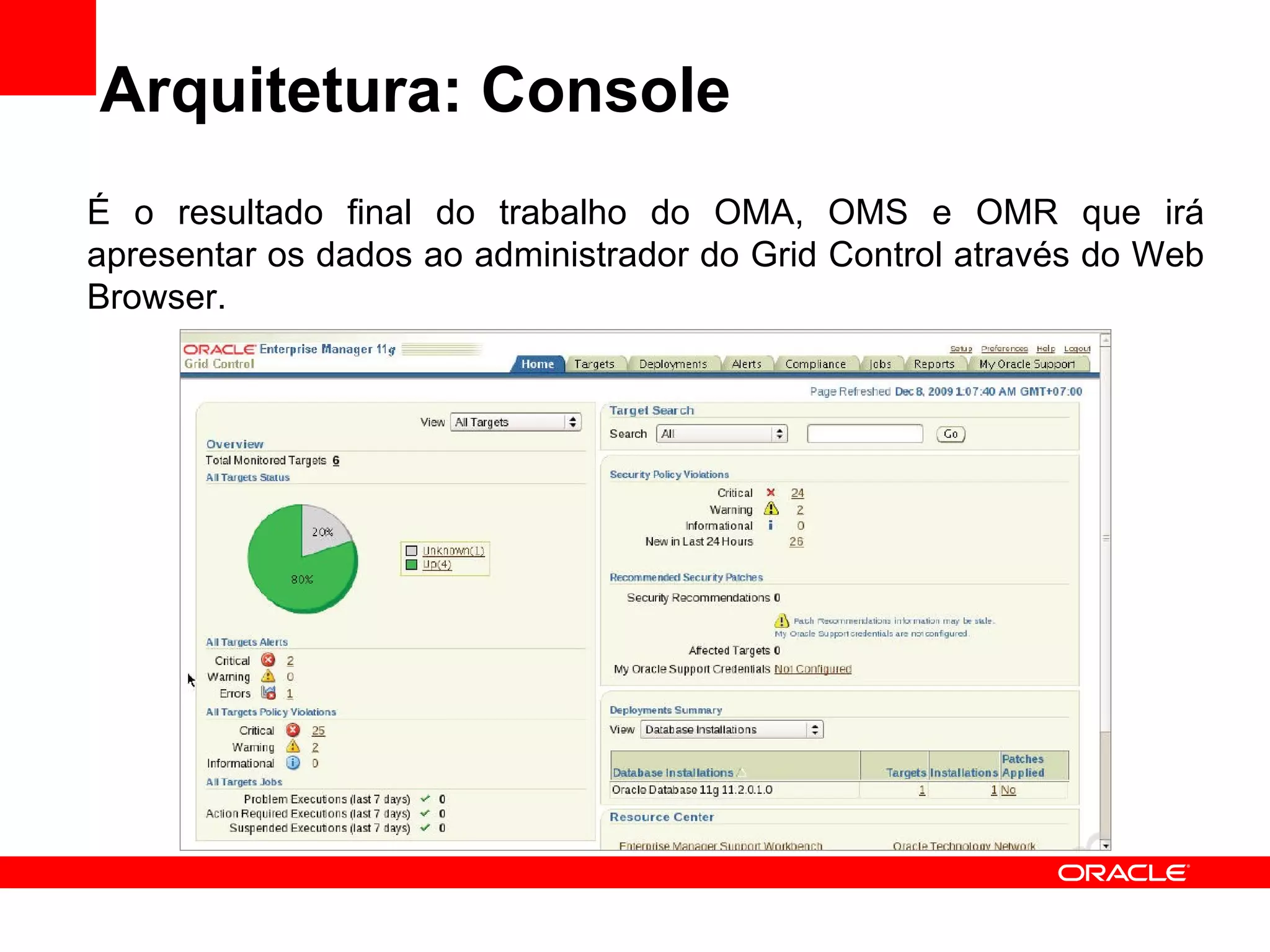 Arquitetura: Console É o resultado final do trabalho do OMA, OMS e OMR que irá apresentar os dados ao administrador do Grid Control através do Web Browser. 