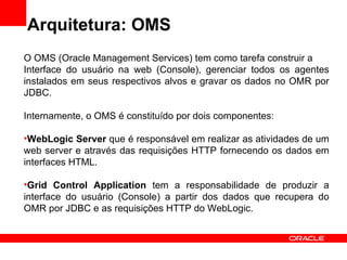 Arquitetura: OMS O OMS (Oracle Management Services) tem como tarefa construir a Interface do usuário na web (Console), gerenciar todos os agentes instalados em seus respectivos alvos e gravar os dados no OMR por JDBC. Internamente, o OMS é constituído por dois componentes: WebLogic Server  que é responsável em realizar as atividades de um web server e através das requisições HTTP fornecendo os dados em interfaces HTML. Grid Control Application  tem a responsabilidade de produzir a interface do usuário (Console) a partir dos dados que recupera do OMR por JDBC e as requisições HTTP do WebLogic. 