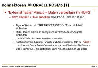 Seite 17Gunther Pippèrr © 2014 http://www.pipperr.de
Konnektoren  ORACLE RDBMS (1)
 "External Table" Prinzip – Daten verbleiben im HDFS
– CSV Dateien / Hive Tabellen als Oracle Tabellen lesen
• Eigene Skripte mit "PREPROCESSOR" für "External Table"
einbinden
• FUSE Mount Points im Filesystem für "traditionelle" Zugriffe
einbinden
– HDFS als "normales" Filesystem einbinden
• Kostenpflichtige Lösung: Oracle SQL Connector for HDFS - OSCH
– Ehemals Oracle Direct Connector for Hadoop Distributed File System
• Direkt vom HDFS die Daten per Java Klassen aus der DB lesen
 