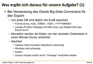 Seite 52Gunther Pippèrr © 2014 http://www.pipperr.de
Was ergibt sich daraus für unsere Aufgabe? (1)
 Bei Verwendung des Oracle Big Data Connectors für
den Export:
– Von jeder DB wird täglich die Aud$ exportiert
• Format Dump AUD_<DBID>_<SID>_<YYYYMMDD>
• Lokales PL/SQL Package (mit Hilfe einer Log Tabelle) führt den
Export durch
– Monatlich werden die Daten von der zentralen Datenbank in
einen Monats Dump verdichtet
– Nachteil:
• Hadoop Client auf jeder Datenbank notwendig
• Windows wird schwierig
• Kosten
• Dumps müssen ersten durch "Umwege" verdichtet werden
 