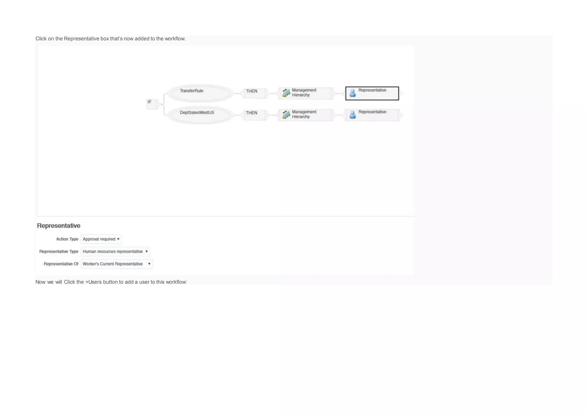 Click on the Representative box that’s now added to the workflow.
Now we will Click the +Users button to add a user to this workflow:
 