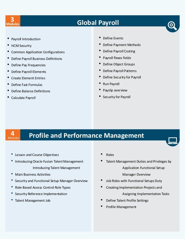 Modules
3 Global Payroll
• Payroll Introduction
• HCM Security
• Common Application Configurations
• Define Payroll Business Definitions
• Define Pay Frequencies
• Define Payroll Elements
• Create Element Entries
• Define Fast Formulas
• Define Balance Definitions
• Calculate Payroll
• Define Events
• Define Payment Methods
• Define Payroll Costing
• Payroll flexes fields
• Define Object Groups
• Define Payroll Patterns
• Define Security for Payroll
• Run Payroll
• Payslip overview
• Security for Payroll
Modules
4 Profile and Performance Management
• Lesson and Course Objectives
• Introducing Oracle Fusion Talent Management
Introducing Talent Management
• Main Business Activities
• Security and Functional Setup Manager Overview
• Role-Based Access Control Role Types
• Security Reference Implementation
• Talent Management Job
• Roles
• Talent Management Duties and Privileges by
Application Functional Setup
Manager Overview
• Job Roles with Functional Setups Duty
• Creating Implementation Projects and
Assigning Implementation Tasks
• Define Talent Profile Settings
• Profile Management
 
