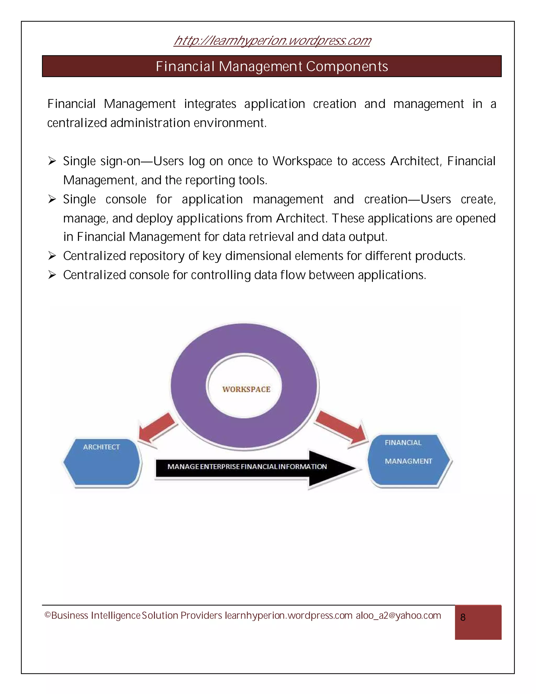 http://learnhyperion.wordpress.com

                        Financial Management Components

Financial Management integrates application creation and management in a
centralized administration environment.


Ø Single sign-on—Users log on once to Workspace to access Architect, Financial
    Management, and the reporting tools.
Ø Single console for application management and creation—Users create,
    manage, and deploy applications from Architect. These applications are opened
    in Financial Management for data retrieval and data output.
Ø Centralized repository of key dimensional elements for different products.
Ø Centralized console for controlling data flow between applications.




©Business Intelligence Solution Providers learnhyperion.wordpress.com aloo_a2@yahoo.com   8
 