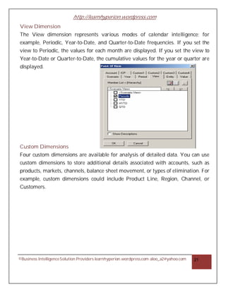 http://learnhyperion.wordpress.com
©Business IntelligenceSolution Providers learnhyperion.wordpress.com aloo_a2@yahoo.com 21
View Dimension
The View dimension represents various modes of calendar intelligence; for
example, Periodic, Year-to-Date, and Quarter-to-Date frequencies. If you set the
view to Periodic, the values for each month are displayed. If you set the view to
Year-to-Date or Quarter-to-Date, the cumulative values for the year or quarter are
displayed.
Custom Dimensions
Four custom dimensions are available for analysis of detailed data. You can use
custom dimensions to store additional details associated with accounts, such as
products, markets, channels, balance sheet movement, or types of elimination. For
example, custom dimensions could include Product Line, Region, Channel, or
Customers.
 