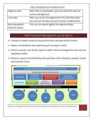 http://learnhyperion.wordpress.com
©Business IntelligenceSolution Providers learnhyperion.wordpress.com aloo_a2@yahoo.com 7
Approve data After data is consolidated, you can submit the data for
review and approval.
Lock data After you receive the approval for the submitted data,
you can lock the data to prevent further modifications.
Run and publish
financial reports
You can run reports against the approved data.
With Financial Management we can able to
Ø Conduct in-depth analysis of key performance and operational metrics.
Ø Reduce consolidation and reporting cycle by days or weeks.
Ø Deliver accurate and timely reports to both internal management and external
regulatory bodies.
Ø Discover sources of profitability and cash flow at the company, product, brand,
and customer levels.
 