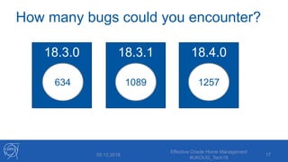 How many bugs could you encounter?
05.12.2018
Effective Oracle Home Management
#UKOUG_Tech18
17
18.3.0 18.3.1 18.4.0
634 1089 1257
 