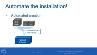 Automate the installation!
• Automated creation
05.12.2018
Effective Oracle Home Management
#UKOUG_Tech18
27
Soft
ware Patch Patch
Patched
Software
• runInstaller -silent
• opatch apply
 