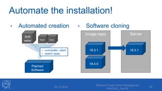 Image repo
Automate the installation!
• Automated creation • Software cloning
05.12.2018
Effective Oracle Home Management
#UKOUG_Tech18
30
Soft
ware Patch Patch
Patched
Software
• runInstaller -silent
• opatch apply
18.3.1
18.4.0
Server
18.3.1
 