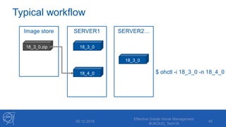 Image store
Typical workflow
05.12.2018
Effective Oracle Home Management
#UKOUG_Tech18
45
18_3_0.zip
SERVER1
18_3_0
SERVER2…
$ ohctl -i 18_3_0 -n 18_4_0
18_3_0
18_4_0
 