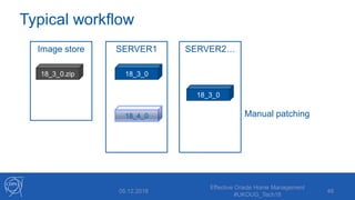 Image store
Typical workflow
05.12.2018
Effective Oracle Home Management
#UKOUG_Tech18
46
18_3_0.zip
SERVER1
18_3_0
SERVER2…
Manual patching
18_3_0
18_4_0
 