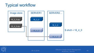 Image store
Typical workflow
05.12.2018
Effective Oracle Home Management
#UKOUG_Tech18
48
18_3_0.zip
SERVER1
18_3_0
SERVER2…
$ ohctl -i 18_4_0
18_3_0
18_4_0
18_4_0.zip
18_4_0
 