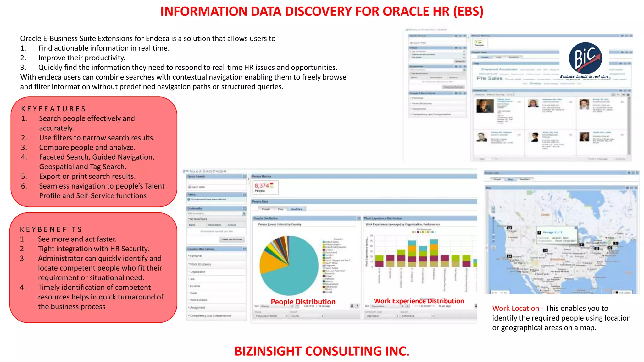 INFORMATION DATA DISCOVERY FOR ORACLE HR (EBS)
BIZINSIGHT CONSULTING INC.
Oracle E-Business Suite Extensions for Endeca is a solution that allows users to
1. Find actionable information in real time.
2. Improve their productivity.
3. Quickly find the information they need to respond to real-time HR issues and opportunities.
With endeca users can combine searches with contextual navigation enabling them to freely browse
and filter information without predefined navigation paths or structured queries.
K E Y F E A T U R E S
1. Search people effectively and
accurately.
2. Use filters to narrow search results.
3. Compare people and analyze.
4. Faceted Search, Guided Navigation,
Geospatial and Tag Search.
5. Export or print search results.
6. Seamless navigation to people’s Talent
Profile and Self-Service functions
K E Y B E N E F I T S
1. See more and act faster.
2. Tight integration with HR Security.
3. Administrator can quickly identify and
locate competent people who fit their
requirement or situational need.
4. Timely identification of competent
resources helps in quick turnaround of
the business process Work Location - This enables you to
identify the required people using location
or geographical areas on a map.
People Distribution Work Experience Distribution
 