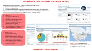 INFORMATION DATA DISCOVERY FOR ORACLE HR (EBS)
BIZINSIGHT CONSULTING INC.
Oracle E-Business Suite Extensions for Endeca is a solution that allows users to
1. Find actionable information in real time.
2. Improve their productivity.
3. Quickly find the information they need to respond to real-time HR issues and opportunities.
With endeca users can combine searches with contextual navigation enabling them to freely browse
and filter information without predefined navigation paths or structured queries.
K E Y F E A T U R E S
1. Search people effectively and
accurately.
2. Use filters to narrow search results.
3. Compare people and analyze.
4. Faceted Search, Guided Navigation,
Geospatial and Tag Search.
5. Export or print search results.
6. Seamless navigation to people’s Talent
Profile and Self-Service functions
K E Y B E N E F I T S
1. See more and act faster.
2. Tight integration with HR Security.
3. Administrator can quickly identify and
locate competent people who fit their
requirement or situational need.
4. Timely identification of competent
resources helps in quick turnaround of
the business process Work Location - This enables you to
identify the required people using location
or geographical areas on a map.
People Distribution Work Experience Distribution
 