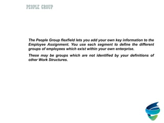 People Group
The People Group flexfield lets you add your own key information to the
Employee Assignment. You use each segment to define the different
groups of employees which exist within your own enterprise.
These may be groups which are not identified by your definitions of
other Work Structures.
PEOPLE GROUP
 
