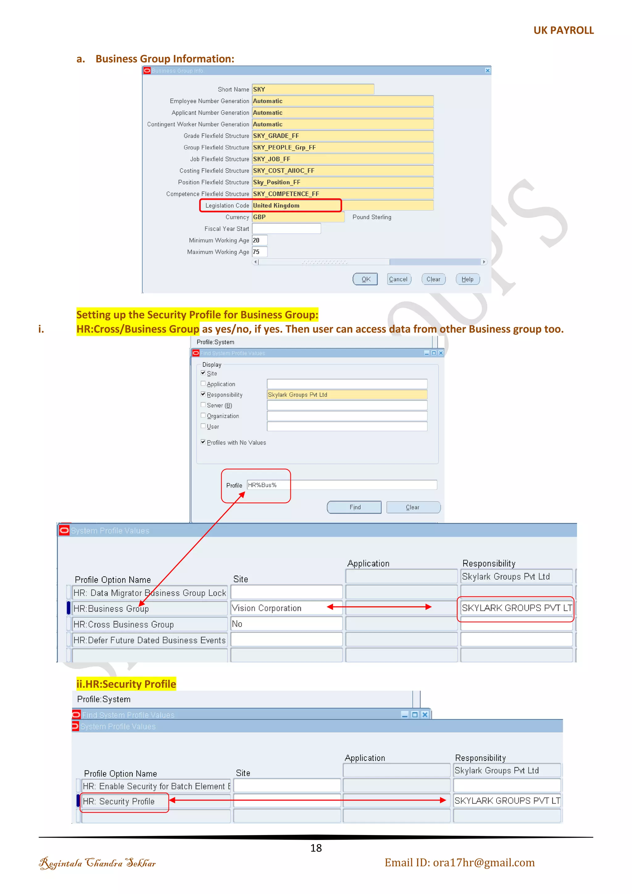 (e). People Group Flexfield Define the Structure for your People Group Flexfield which contains the segments you want to use for your Business Group. Navigation : Application-->Flexfield-->Key-->Segments-->Query the People Group Flexfield-->Enter the Structures Code-->Segment Names Name: SKY_PEOPLE_Grp_FF Note: Click on Allow Dynamic Insert and Freeze Flexfield Definition and Compile it (see the above fig. Job) Regintala Chandra Sekhar Page 18 ora17hr@gmail.com 