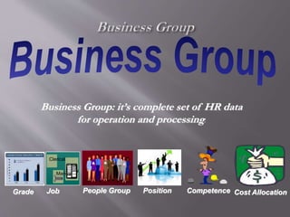 Clerical
Manual
Job People Group Position CompetenceGrade Cost Allocation
Business Group: it’s complete set of HR data
for operation and processing.
 