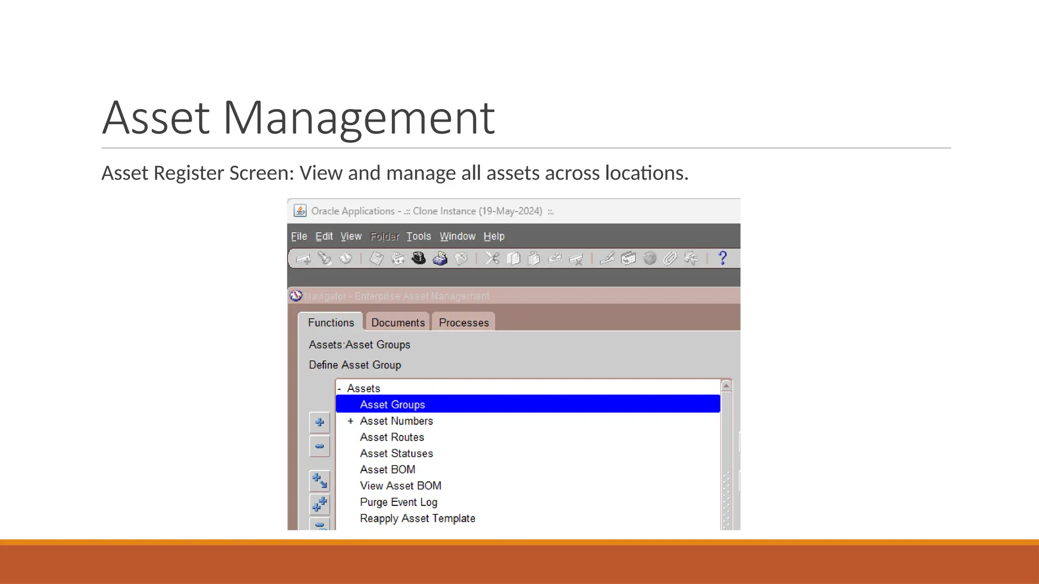 Asset Management
Asset Register Screen: View and manage all assets across locations.
 