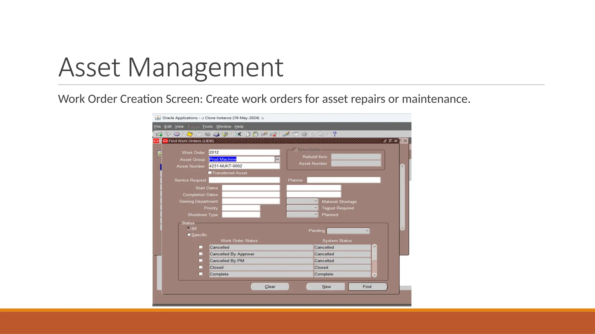 Asset Management
Work Order Creation Screen: Create work orders for asset repairs or maintenance.
 