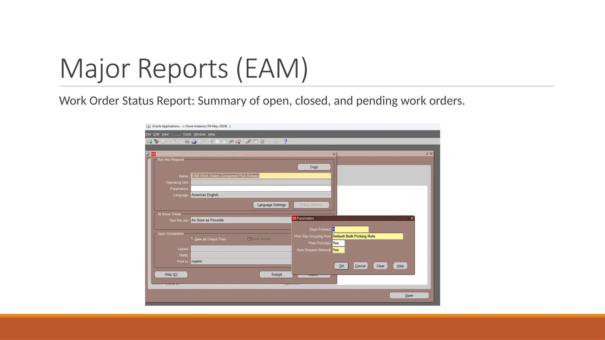 Major Reports (EAM)
Work Order Status Report: Summary of open, closed, and pending work orders.
 
