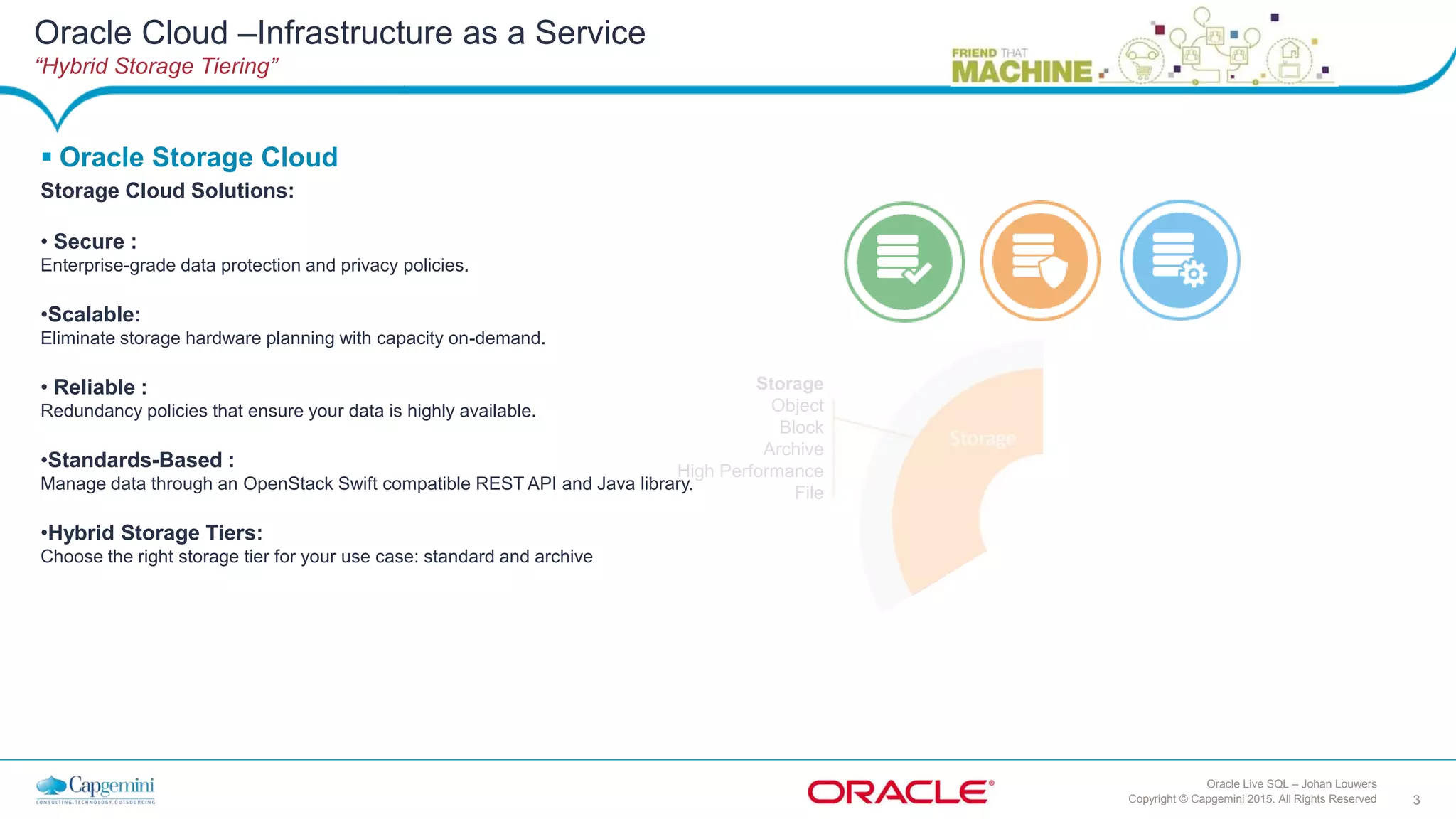 3Copyright © Capgemini 2015. All Rights Reserved
Oracle Live SQL – Johan Louwers
Compute
General Purpose
High Performance
Dedicated
Engineered Systems
Network
Software VPN
Hardware VPN
Direct Connect
Networking Bonding
Storage
Object
Block
Archive
High Performance
File
Oracle Cloud –Infrastructure as a Service
“Hybrid Storage Tiering”
 Oracle Storage Cloud
Storage Cloud Solutions:
• Secure :
Enterprise-grade data protection and privacy policies.
•Scalable:
Eliminate storage hardware planning with capacity on-demand.
• Reliable :
Redundancy policies that ensure your data is highly available.
•Standards-Based :
Manage data through an OpenStack Swift compatible REST API and Java library.
•Hybrid Storage Tiers:
Choose the right storage tier for your use case: standard and archive
 