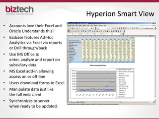 Hyperion Smart View
• Accounts love their Excel and
  Oracle Understands this!
• Essbase features Ad-Hoc
  Analytics via Excel via reports
  or Drill through/back
• Use MS Office to
  enter, analyze and report on
  subsidiary data
• MS Excel add-in allowing
  access on or off-line
• Users download forms to Excel
• Manipulate data just like
  the full web client
• Synchronizes to server
  when ready to be updated.
 