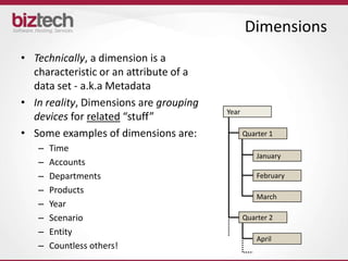 Dimensions
• Technically, a dimension is a
  characteristic or an attribute of a
  data set - a.k.a Metadata
• In reality, Dimensions are grouping
                                        Year
  devices for related “stuff”
• Some examples of dimensions are:             Quarter 1
   –   Time
                                                   January
   –   Accounts
   –   Departments                                 February
   –   Products
                                                   March
   –   Year
   –   Scenario                                Quarter 2
   –   Entity
                                                   April
   –   Countless others!
 